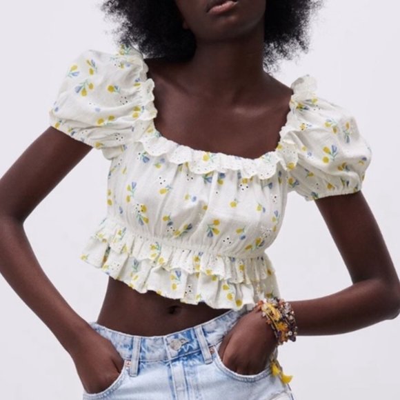 NEW Zara Floral Embroidered Eyelet Ruffle Crop Top - Picture 2 of 7